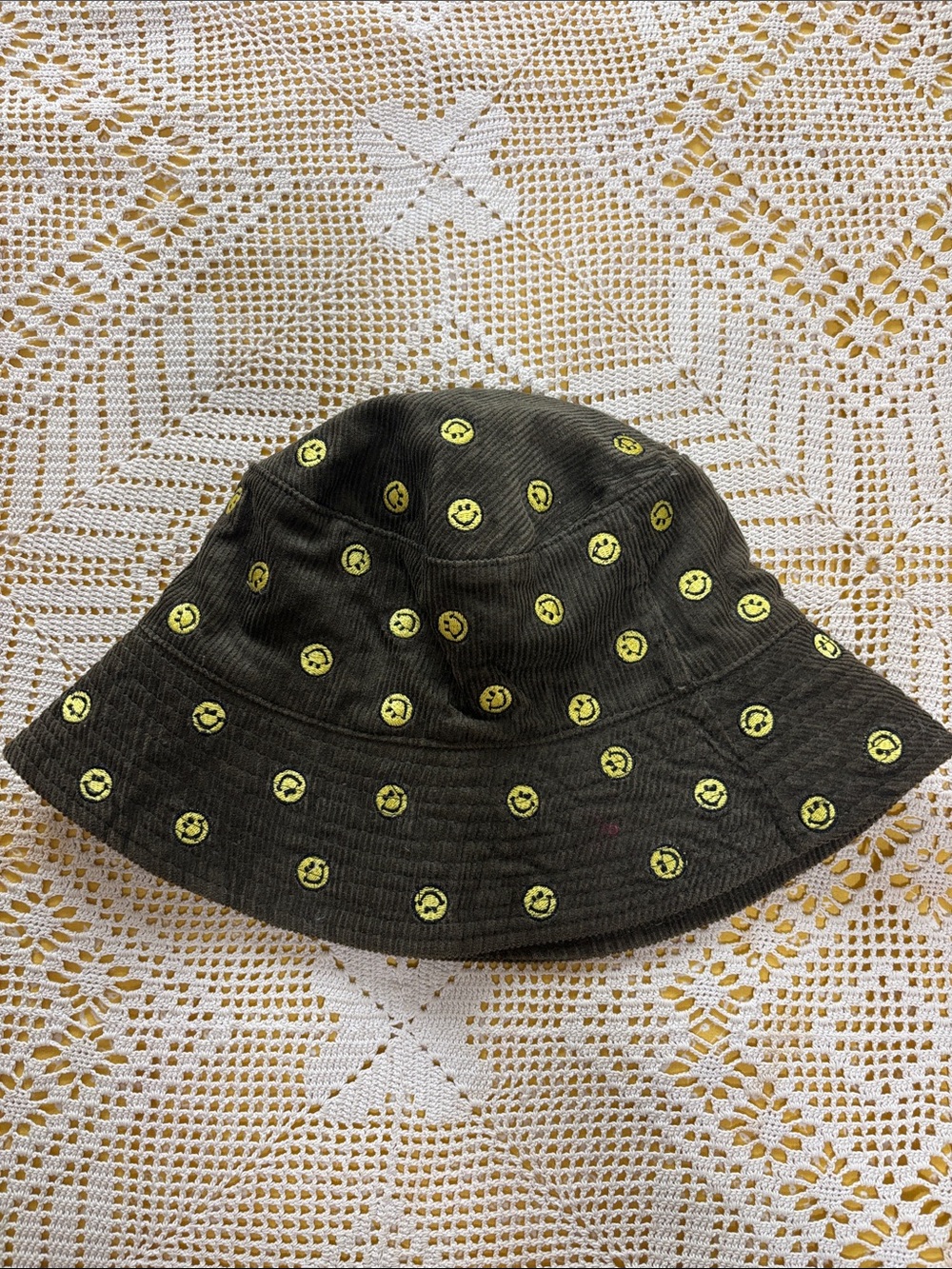 Olive Green Corduroy Smiley Face Bucket Hat